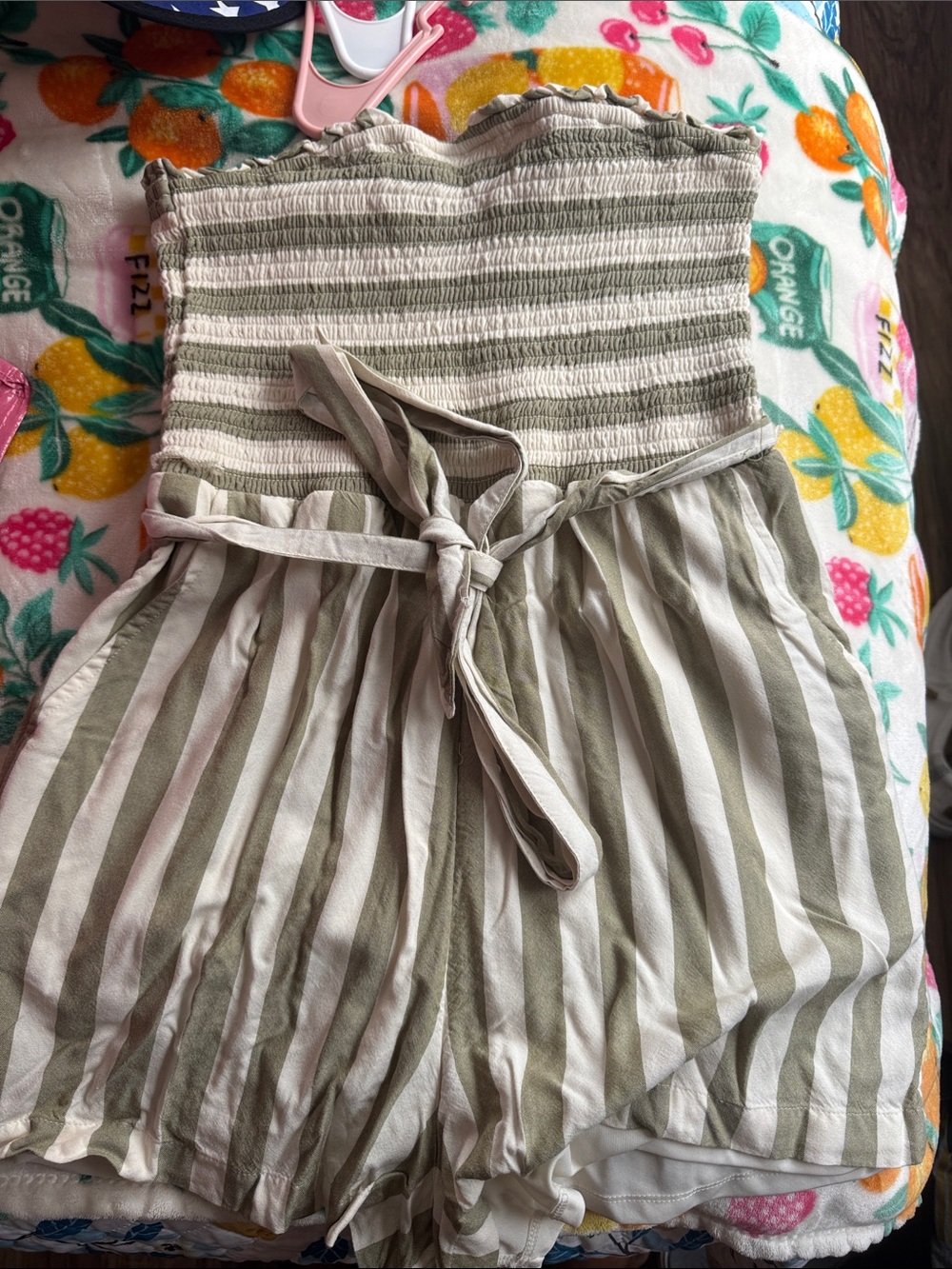American Eagle Outfitters Olive and White Striped Smocked-Waist Skort
